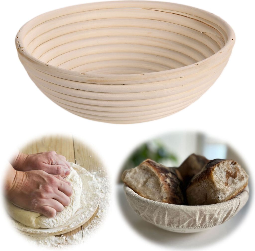 LS-LebenStil Gärkörbchen Gärkorb Rund 22x8cm Peddigrohr Brotform aus nachhaltigem Rattan mit Leineneinsatz für ́s Brotbacken Sauerteig Brotkorb