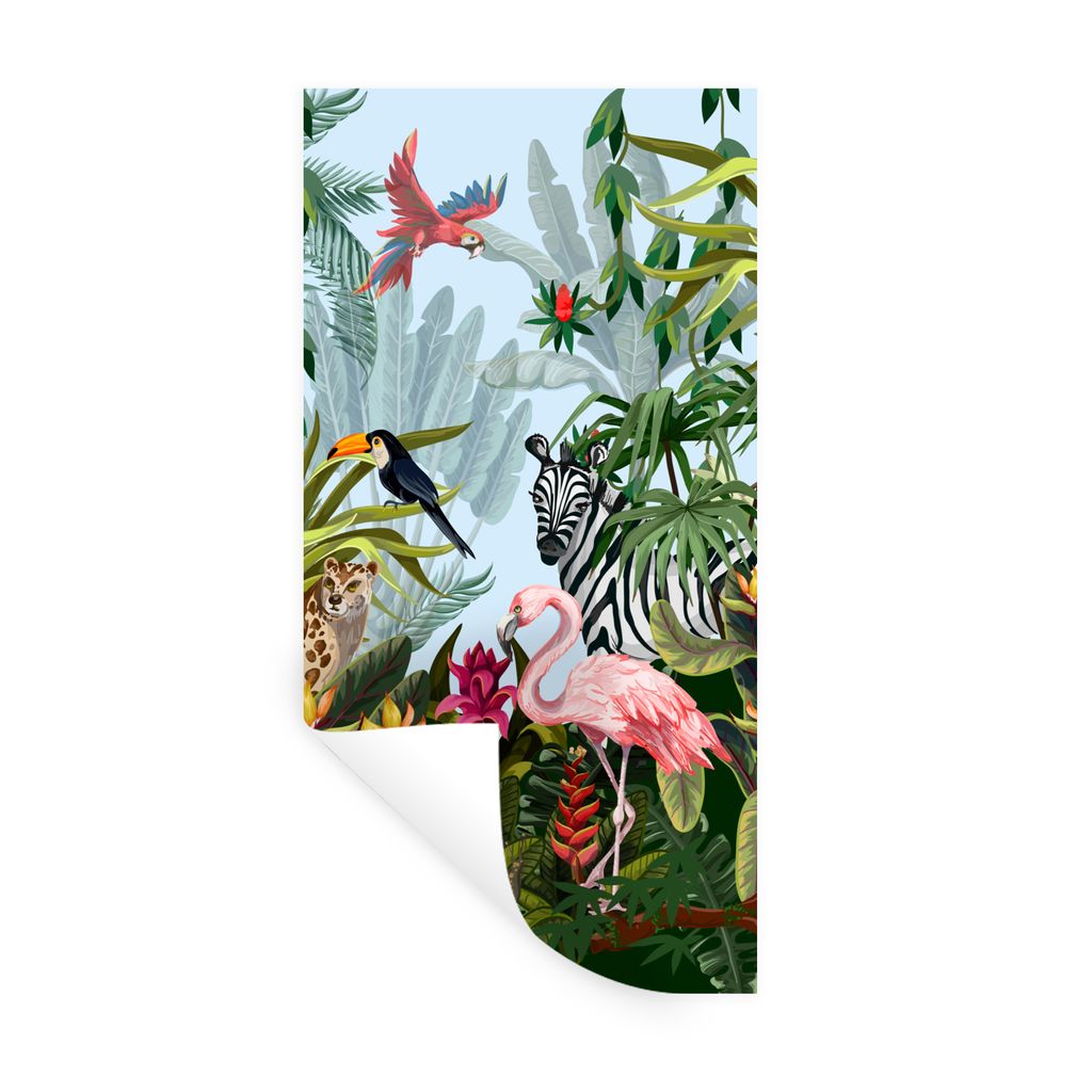 MuchoWow Wandtattoo Wandsticker Wandaufkleber Dschungel - Natur - Jungen - Mädchen - Kinder - Zebra - Flamingo 20x40 cm Selbstklebend und Reposi...