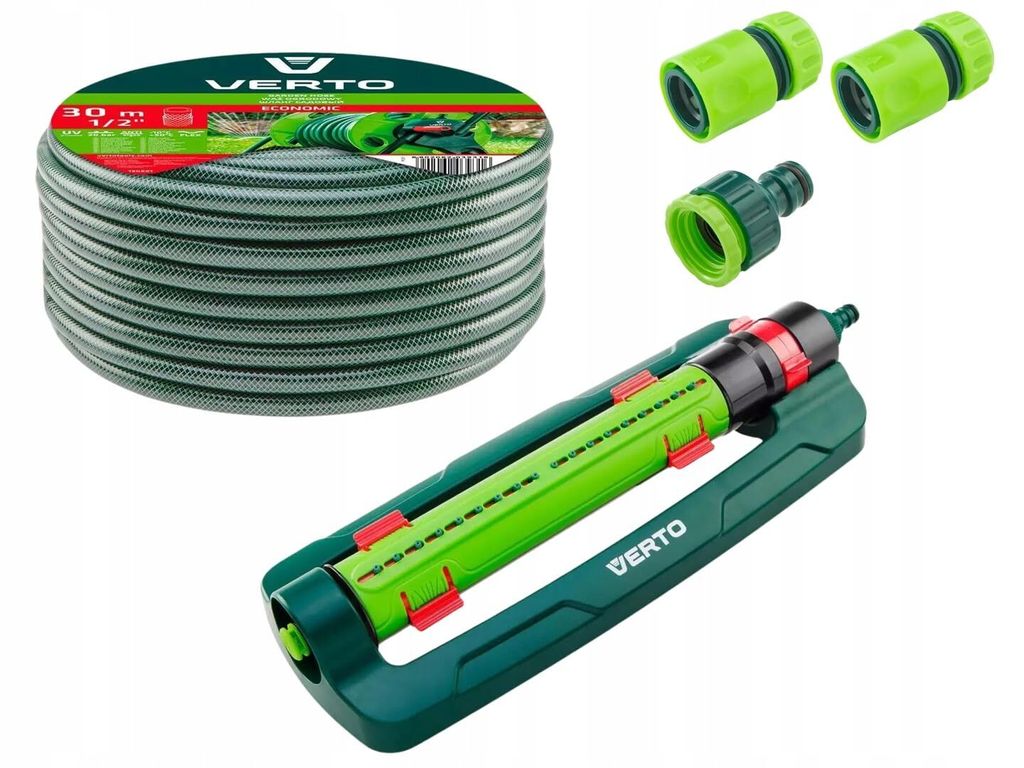 VERTO Gartenschlauch 1/2 Zoll - 30 m + Oszillierender Sprinkler + 3 Stück Anschluss Kit | Gartenbewässerung Komplettes Starterset