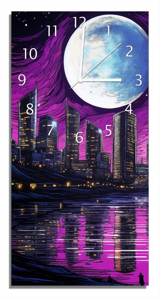 Wallario Design Wanduhr bedruckt, Größe 30 x 60 cm, Motiv: Mond über der Stadt