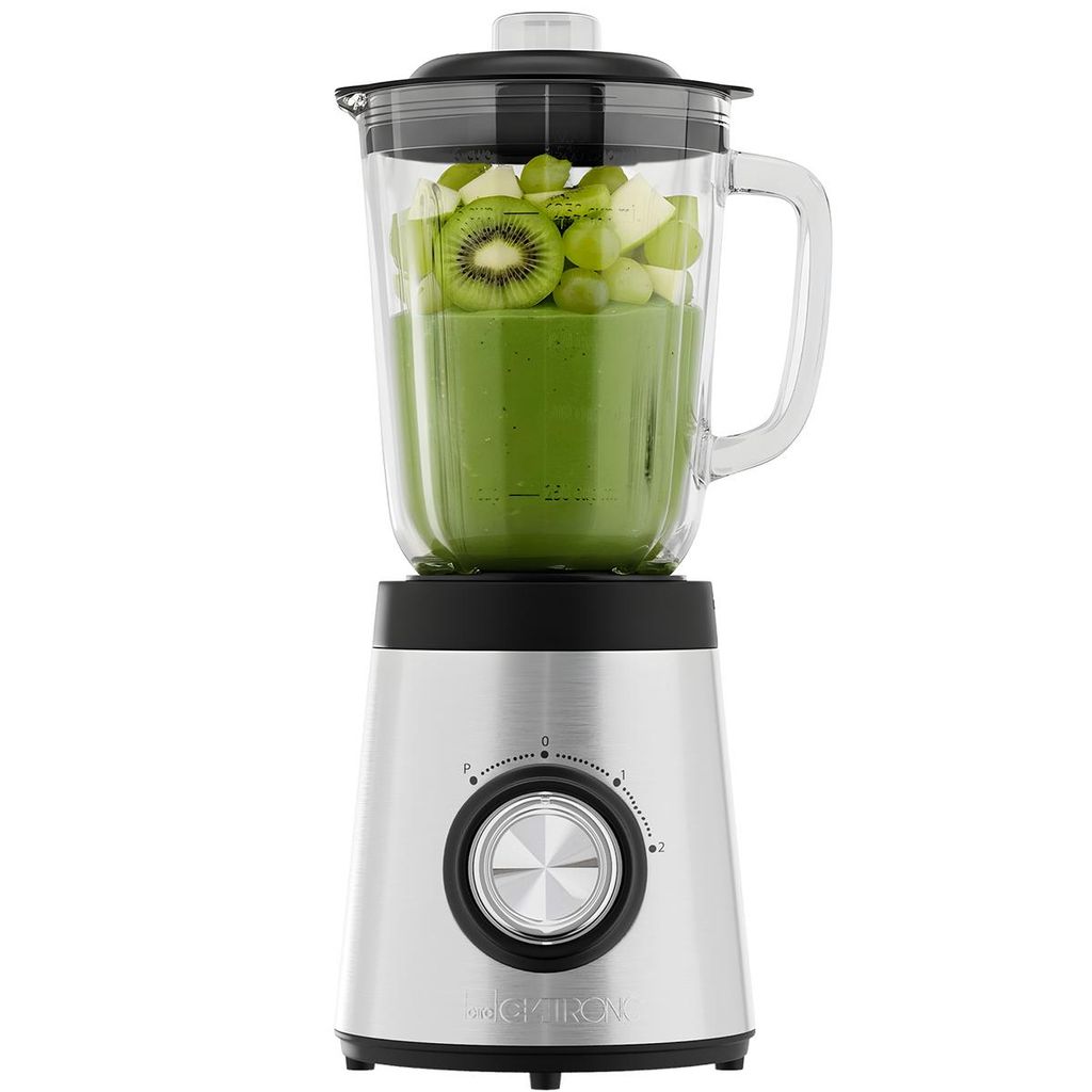 A Clatronic stand mixer filled with green smoothie and fruit pieces, shown on a white background.