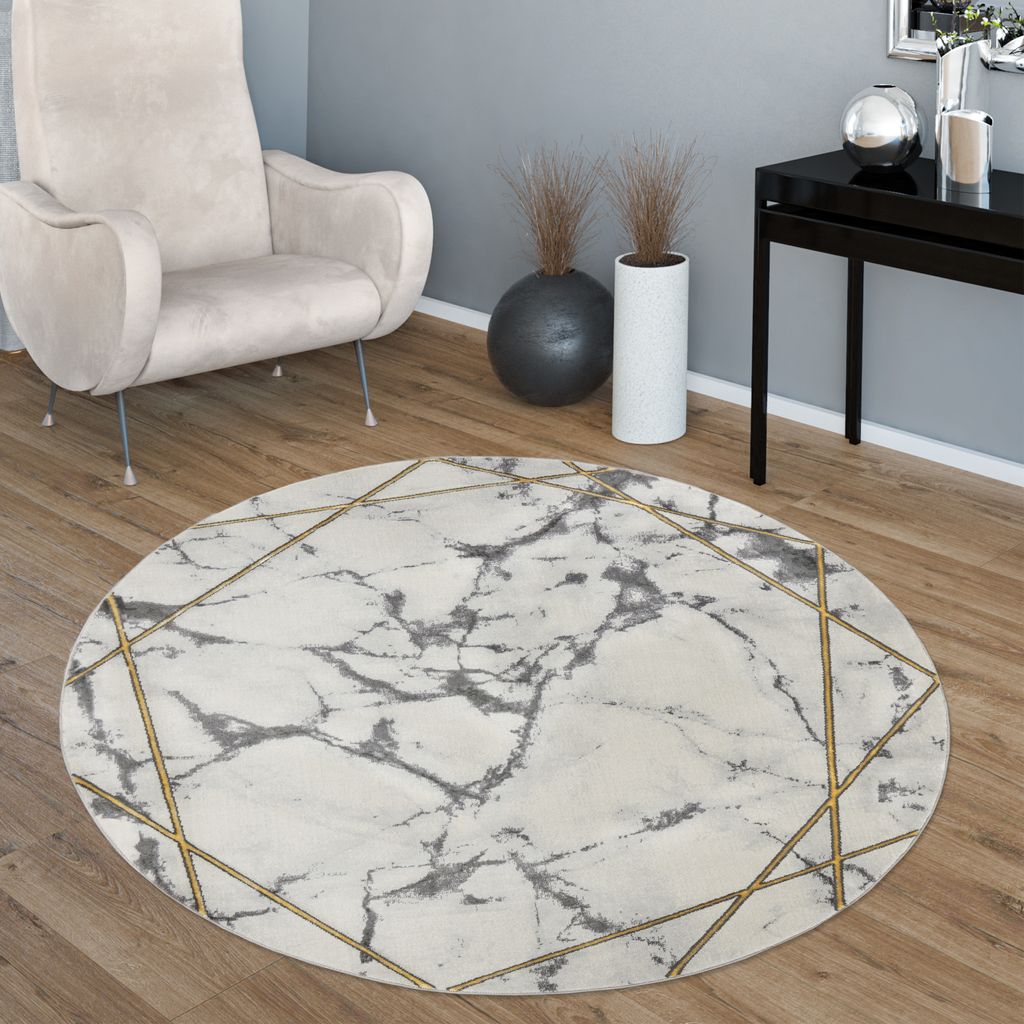 Wohnzimmer-Teppiche Grau Gold Weich Marmor Optik Kurzflor mit vers. Designs Grösse 160 cm Rund