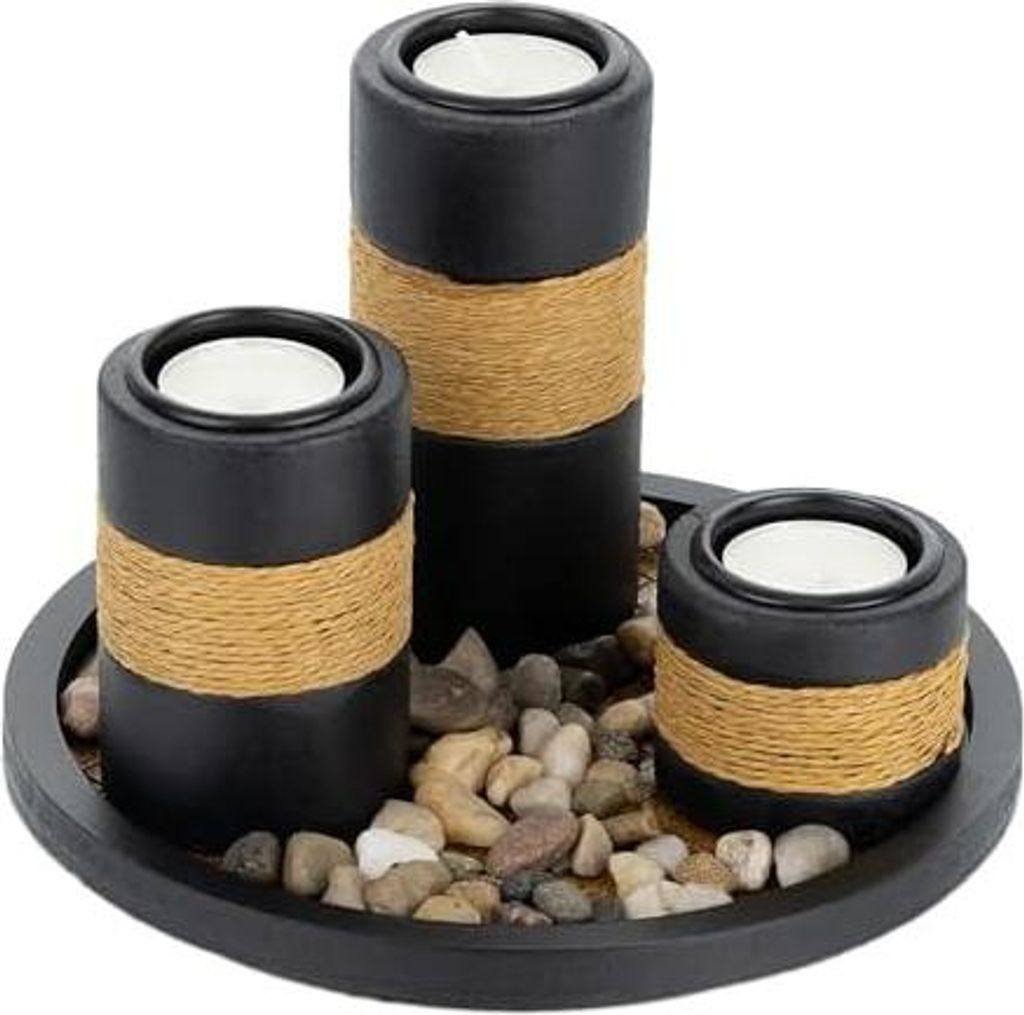 Teelichthalter Set mit Tablett & Steinen, Ø 19,5 cm, Tischdeko Wohn- & Esszimmer, Kerzenhalter, schwarz/braun