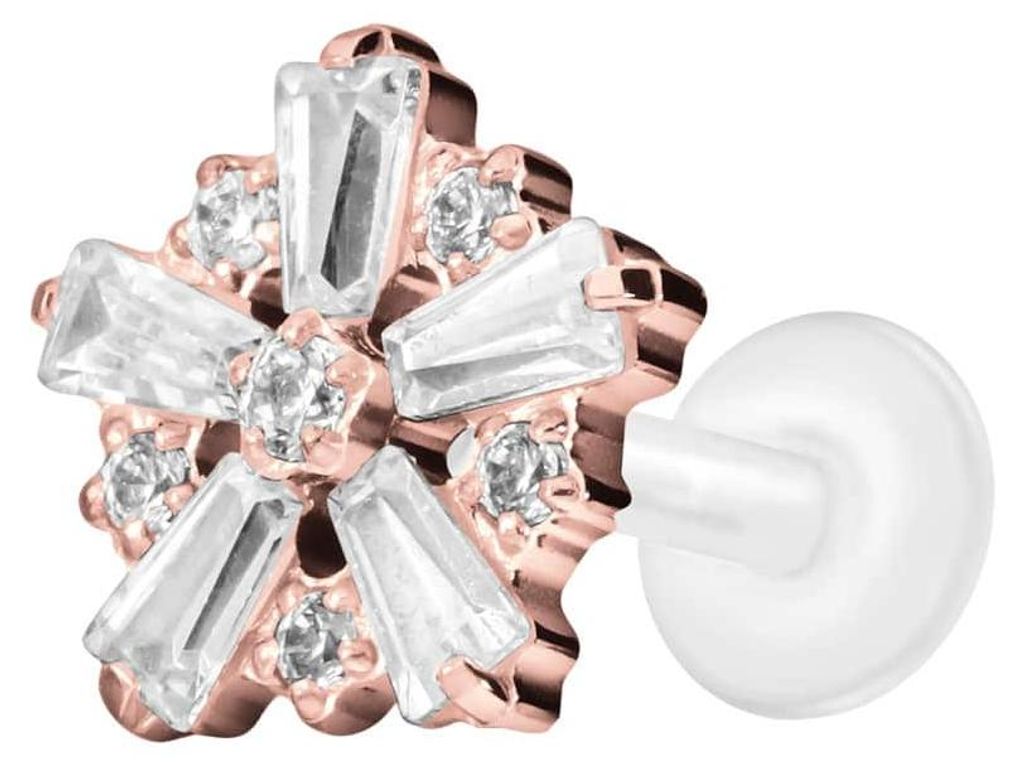 Ohrpiercing, Nasenpiercing PTFE Labret mit Innengewinde + Titan-Aufsatz SCHNEEFLOCKE RoséGold Stablänge: 7mm | Stabstärke: 1,2mm