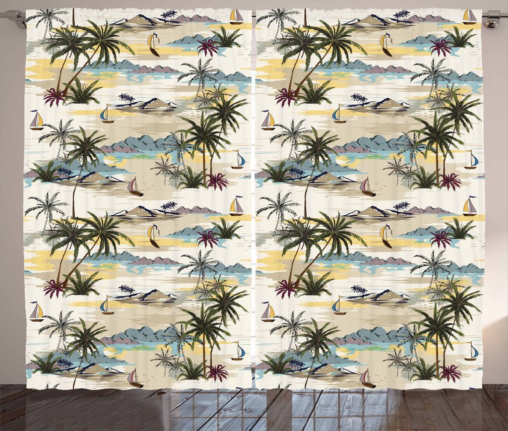 ABAKUHAUS Tropisch Rustikaler Gardine, Pastel Hawaii Insel-Szene, Schlafzimmer Kräuselband Vorhang mit Schlaufen und Haken, 280 x 175 cm, Olivengr...