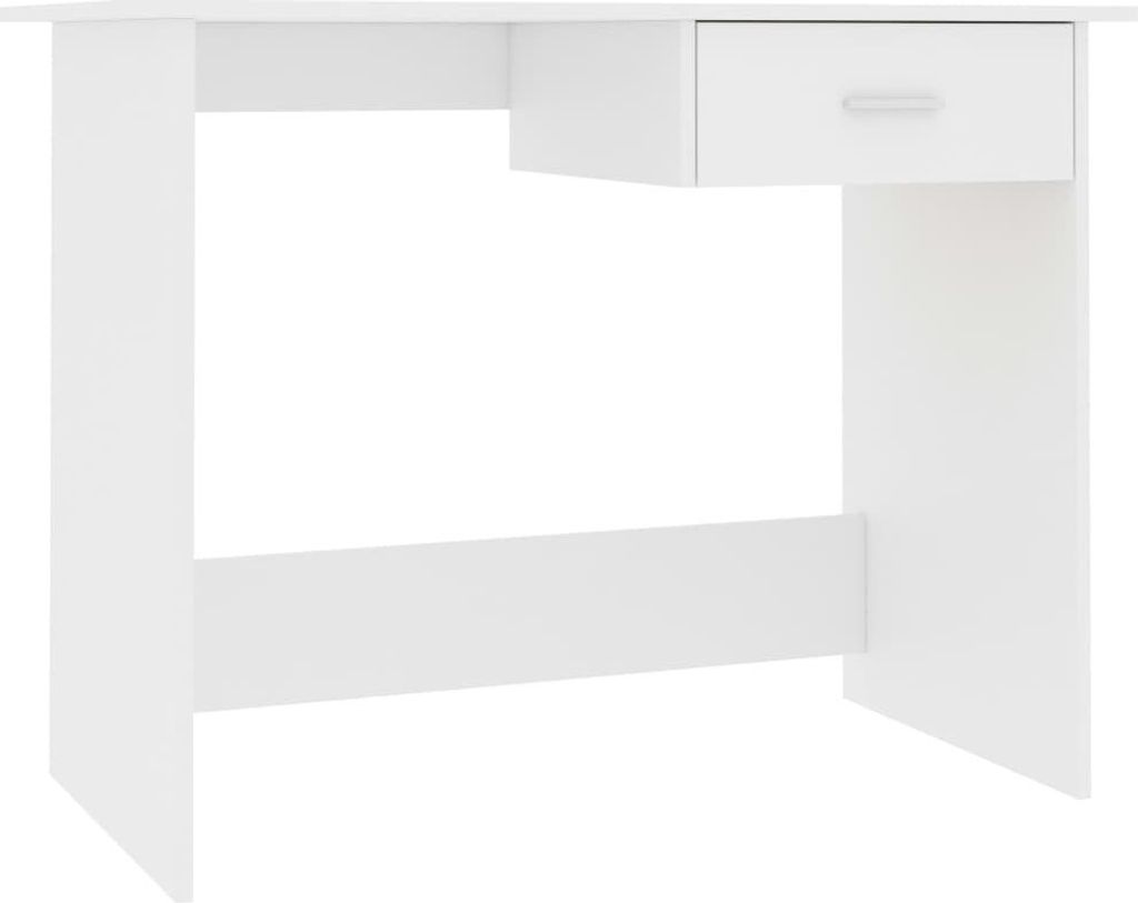 A white desk with a single drawer on the right side, shown from the front.