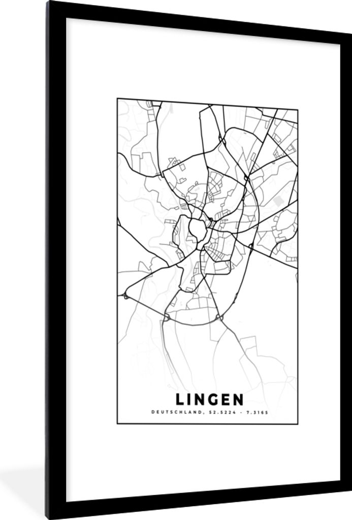 MuchoWow Gerahmtes Poster Lingen - Karte - Stadtplan 60x90 cm - Poster mit Schwarzem Bilderrahmen Wandposter Rahmen Foto Bilder - Dekoration - Wa...