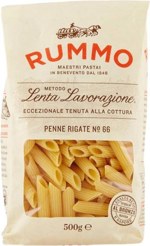 A bag of Rummo Penne Rigate No. 66 pasta.