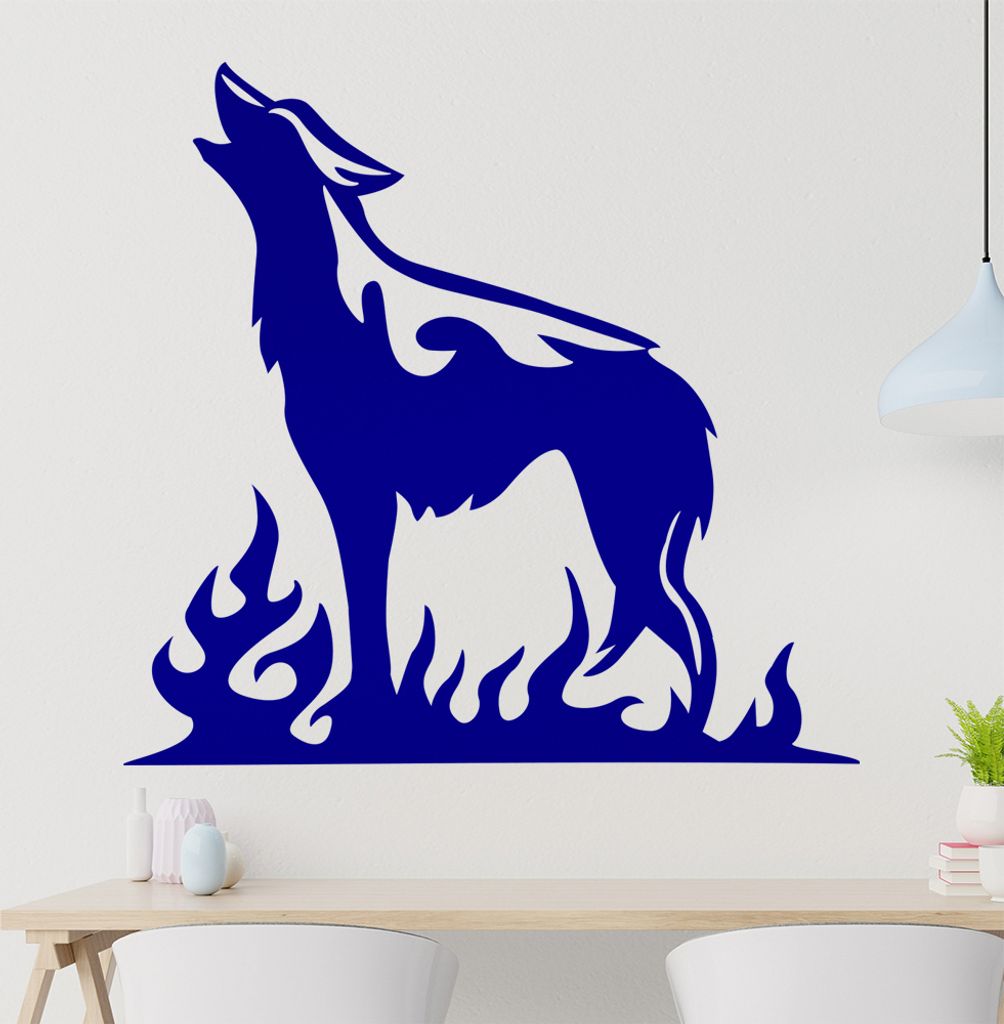 heulender Wolf Flammen Wandtattoo in 6 Größen - Wandaufkleber Wall Sticker - Dekoration, Küche, Wohnzimmer, Schlafzimmer, Badezimmer