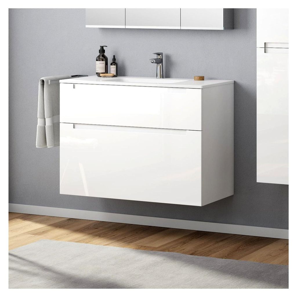 Waschbecken 100 cm in Weiß mit Unterschrank für das Badezimmer, Badschrank mit zwei Schubladen (weiß glänzend lackiert)