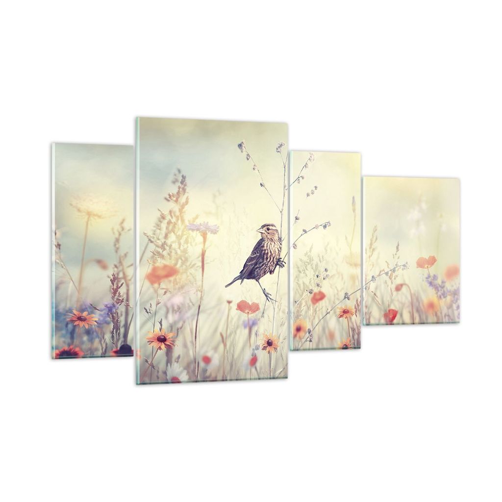 Bilder auf glas - 4 Teile - Vogel Wildschwein Wiese - 120x70cm - Glasbilder - Wandbilder - Bilder - zum Aufhängen bereit - Wanddekoration aus Glas...