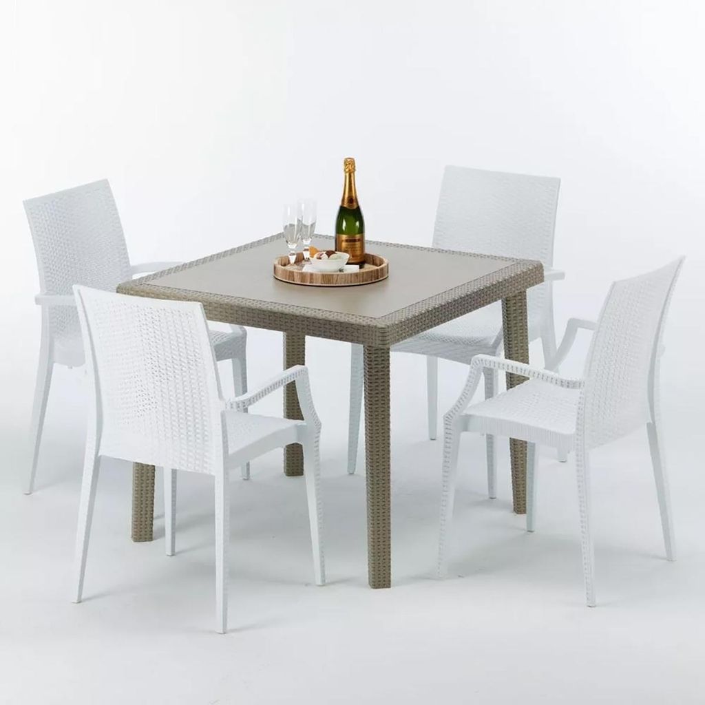 Polyrattan Tisch Quadratisch mit 4 Bunten Stühlen 90x90 Beige Elegance