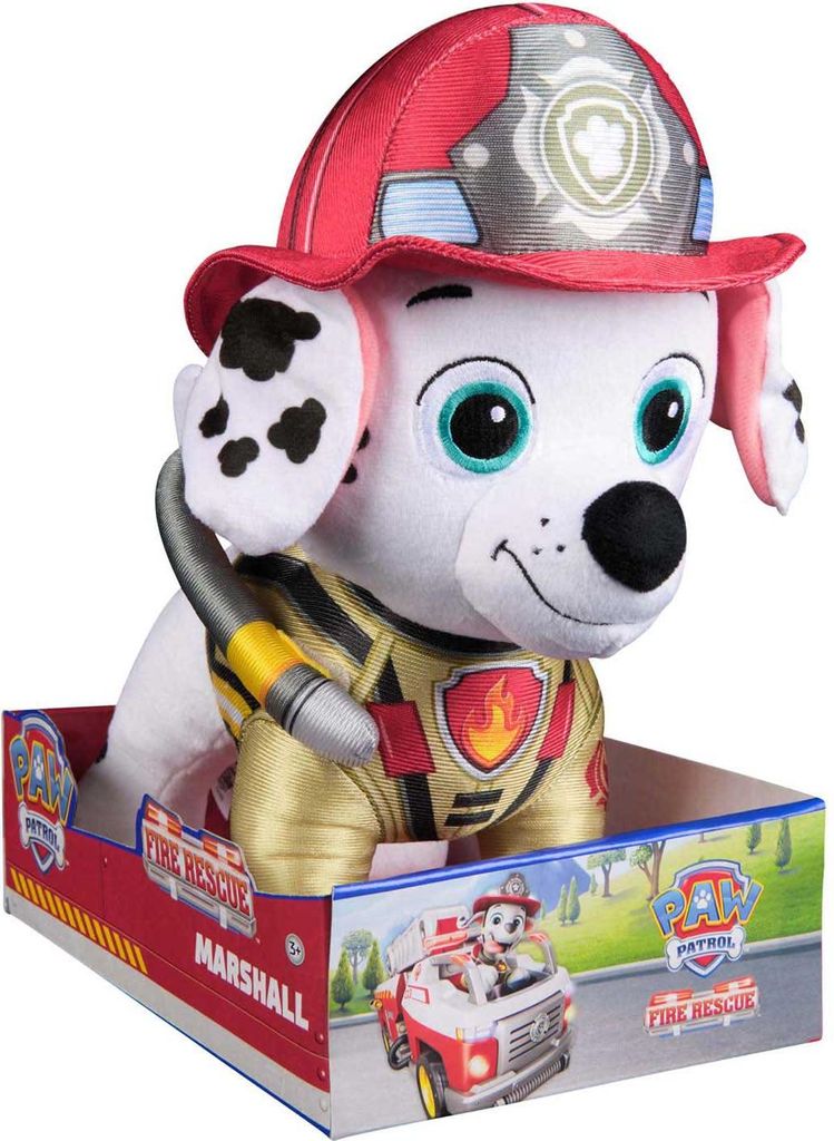 PAW Patrol Fire Rescue - Marshall Deluxe Plüschtier, 25 cm groß, in Feuerwehruniform und mit Löschrucksack, Spielzeug-Hund, 3 Jahr(e)