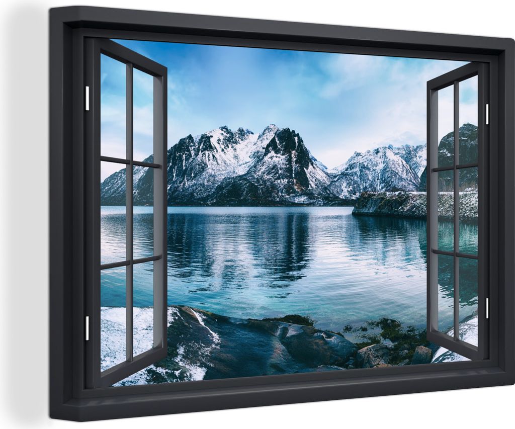 OneMillionCanvasses - Leinwandbilder - 140x90 cm, Aussicht - Berg - Wasser, - Geöffnetes Fenster - Fensterblick Schlafzimmer Kunstdruck Wanddeko...