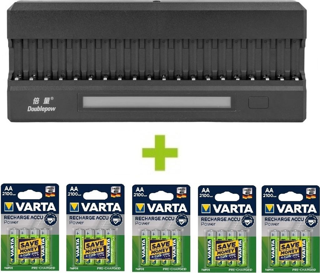 OXE Universal Batterieladegerät für wiederaufladbare Batterien AA für 20 Stück, Ladegerät mit Display + 20 Stück Akkus Varta 56706 R6 2100mAh...