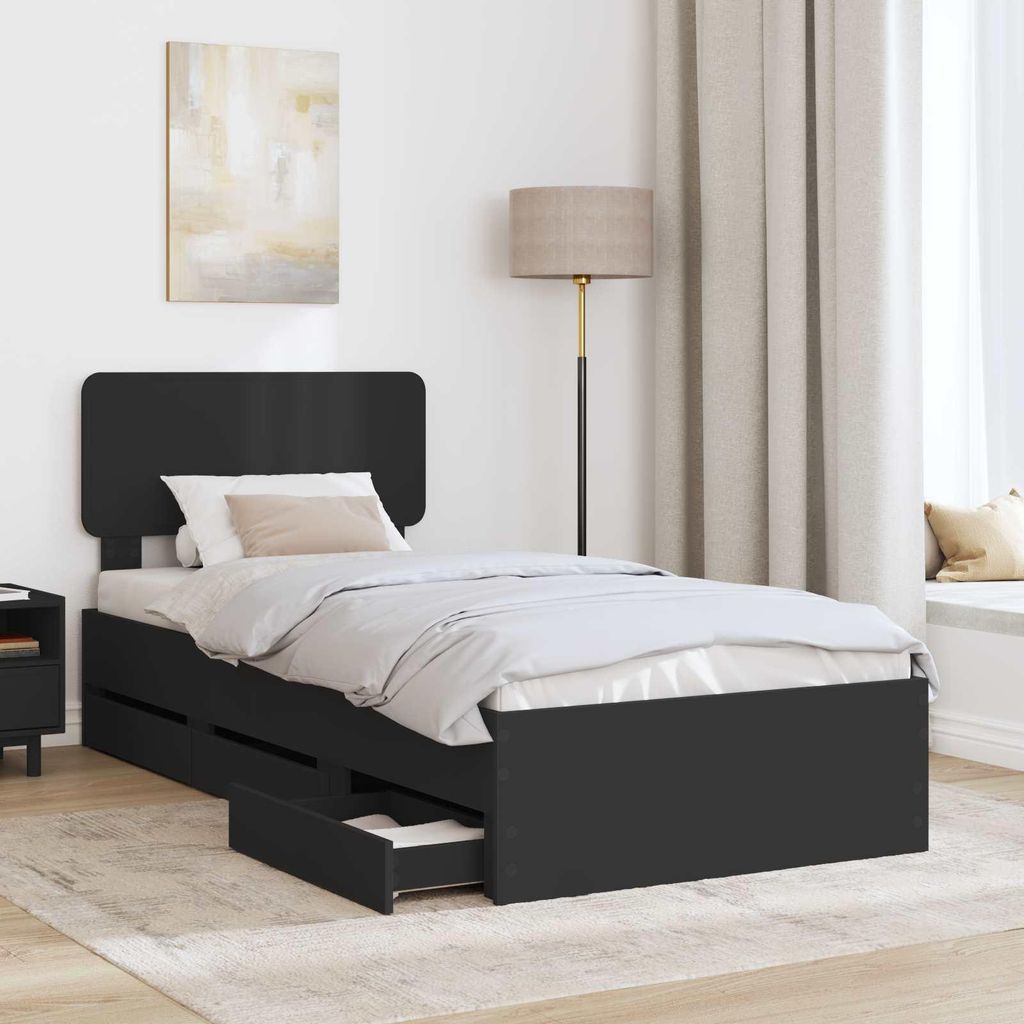 Eleganter Möbel Bettrahmen mit Schubladen Schwarz 90 x 190cm Ingenieurs Holz - CJG330336 - Klassische BettenJugendbett Tagesbett