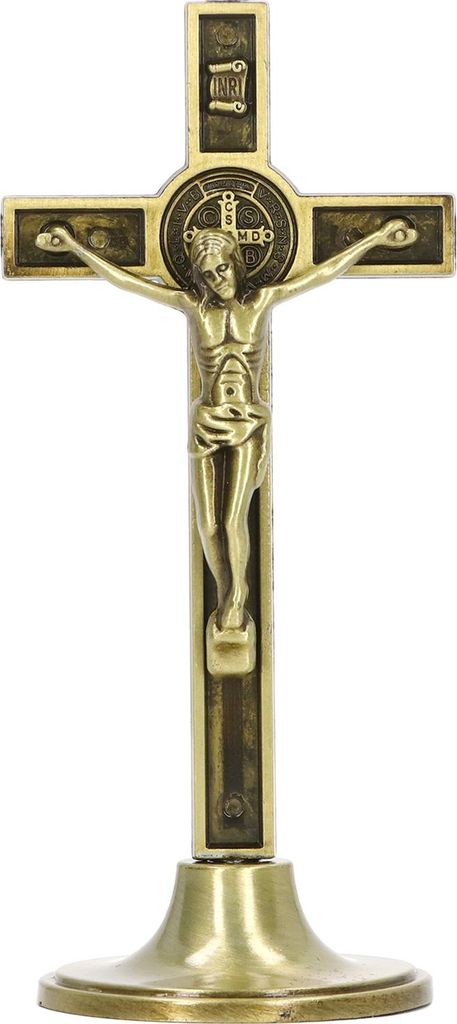 Katholisches Stehkreuz, handgefertigt aus Zinklegierung, Kupferfarbe, mit abnehmbarem Sockel, für Tisch- & Wanddekoration
