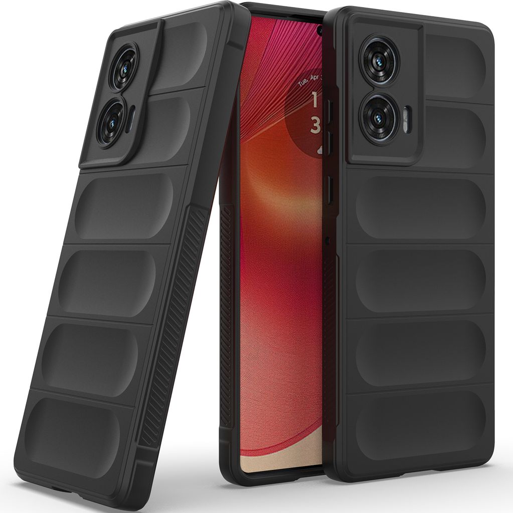 Two black phone cases are shown, one leaning against a phone with a red and orange screen.