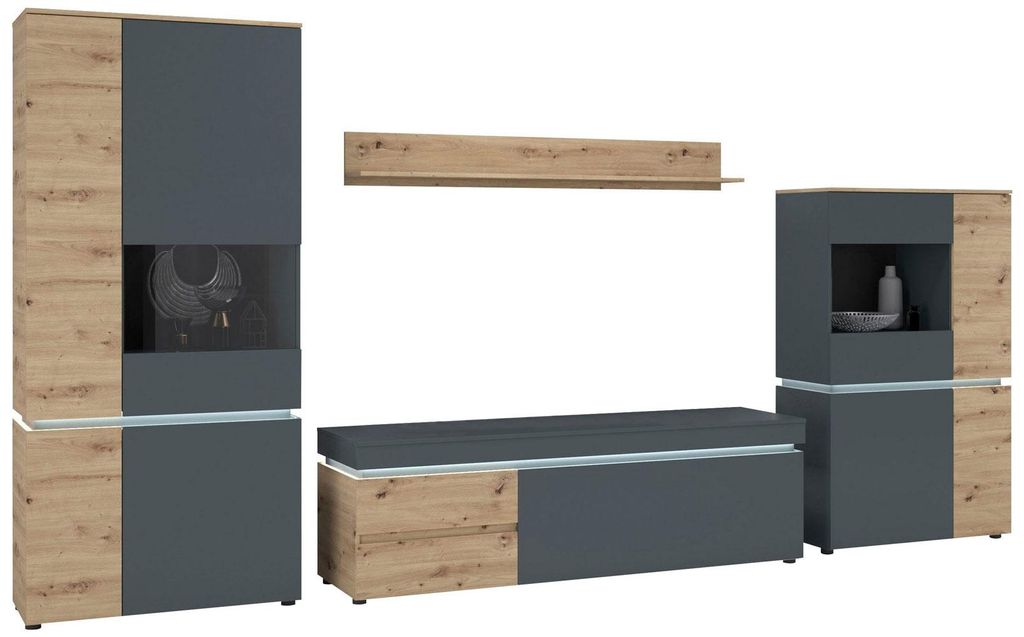Wohnwand Luci Anbauwand 4-teilig Eiche Artisan grau