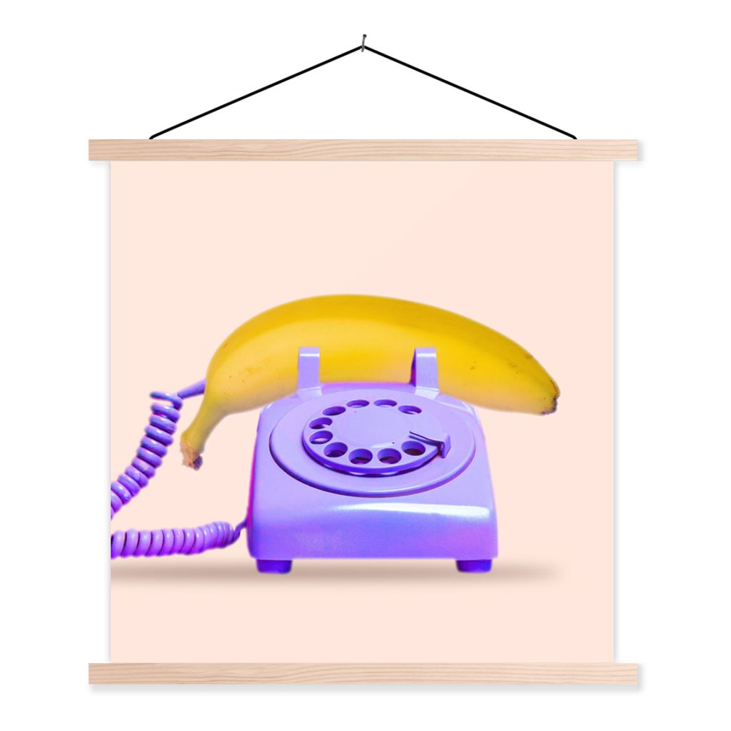 MuchoWow Textilposter Banane - Telefon - Lila - Gelb 60x60 cm mit holzfarbenen Rahmen - Wanddekoration