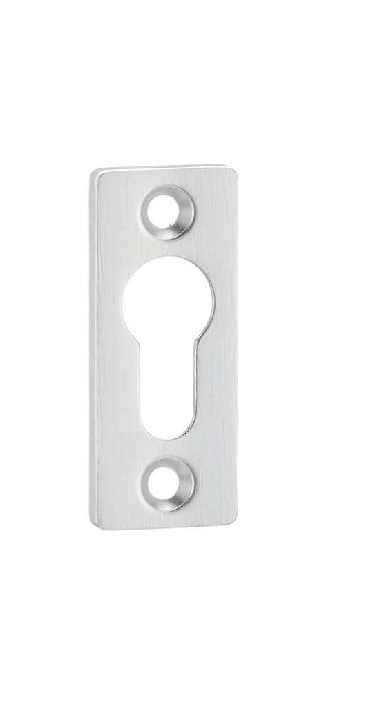 A silver keyhole escutcheon plate on a white background.