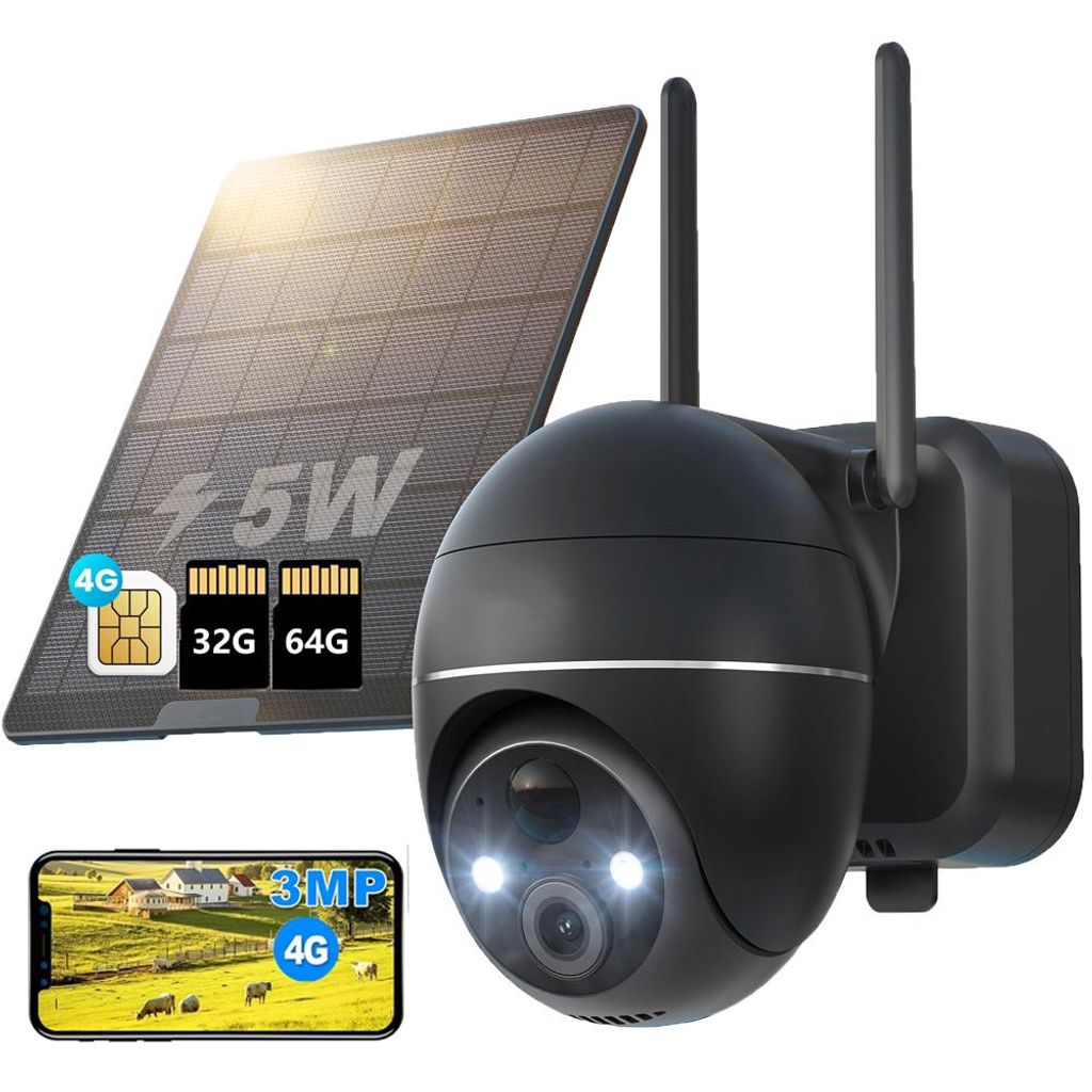 4G LTE Überwachungskamera Aussen Solar mit SIM Karte & 32 & 64G Karte ohne WLAN Kamera Überwachung Aussen Akku Outdoor Kamera 355°/120° Schwenkbar