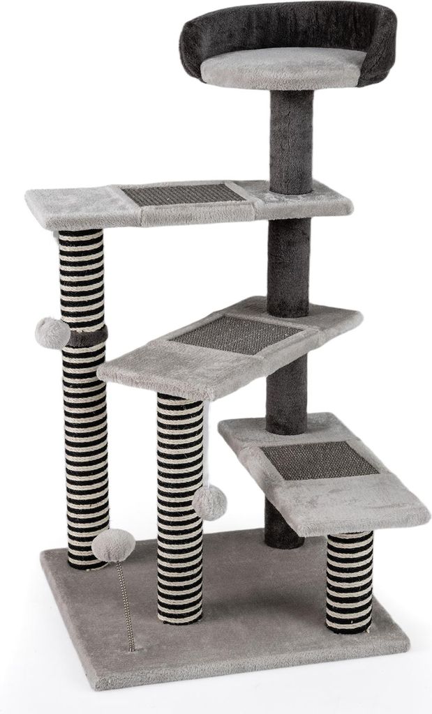 COSTWAY Kratzbaum Hundetreppe, 93 cm, Katzentreppe mit Jute-Kratzpfosten, 3 Plattformen, Sisal-Kratzmatten & Liegebett, bis 15 kg, Tiertreppe, Grau