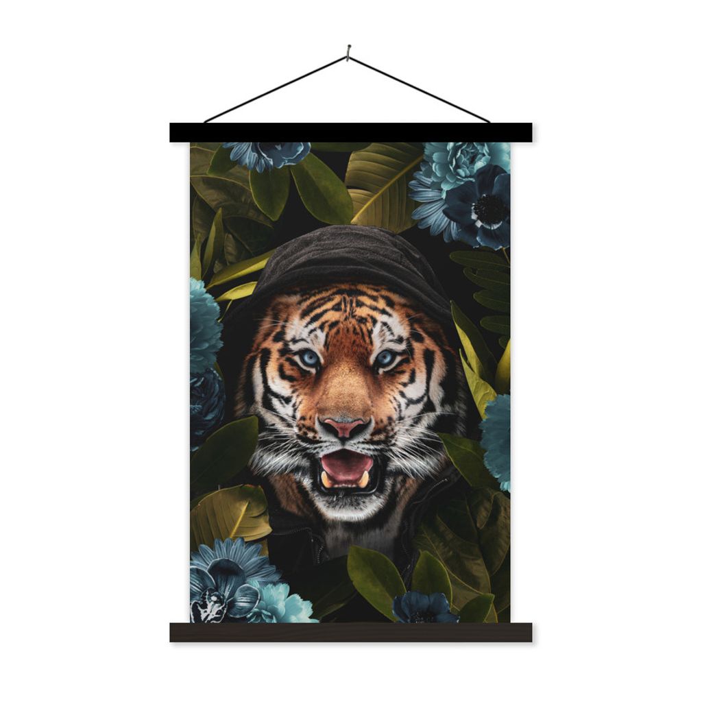 MuchoWow Textilposter Tiger - Blumen - Pflanzen 60x90 cm mit schwarzem Rahmen - Poster Wohnzimmer
