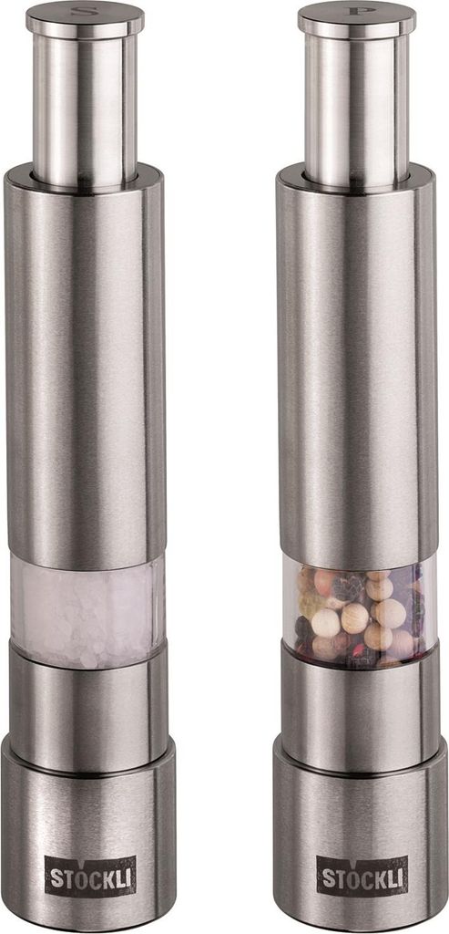 Stöckli Salz und Pfeffermühlen Set aus Edelstahl- Einhandbedienung