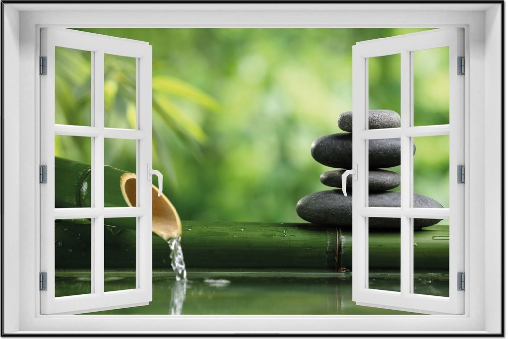 Wallario Wandbild mit Fenster-Illusion: Steinstapel und Bambus auf dem Wasser, Größe: 61 x 91,5 cm, Poster mit schwarzem Aluminiumrahmen