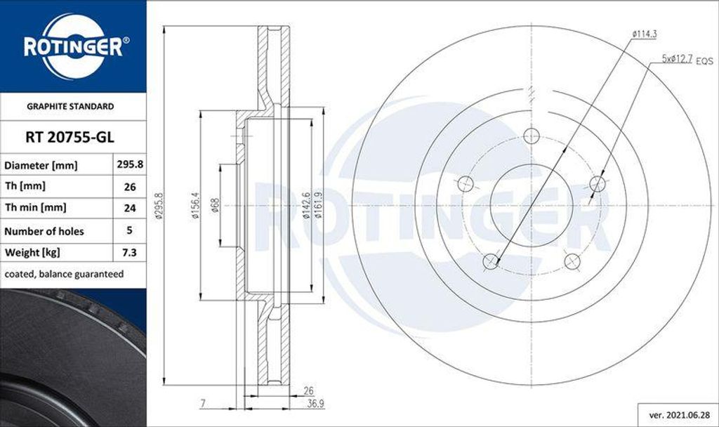ROTINGER RT 20755-GL Bremsscheibe OE 402061KC1A kompatibel mit Koleos, X-Trail, Qashqai, Juke