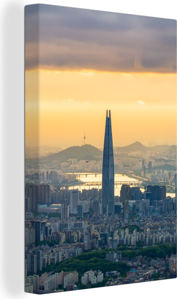 OneMillionCanvasses - Leinwandbilder - 90x140 cm, Skyline von Seoul in Südkorea mit einem orangefarbenen Himmel, Wandbilder Kunstdruck Wanddekor...