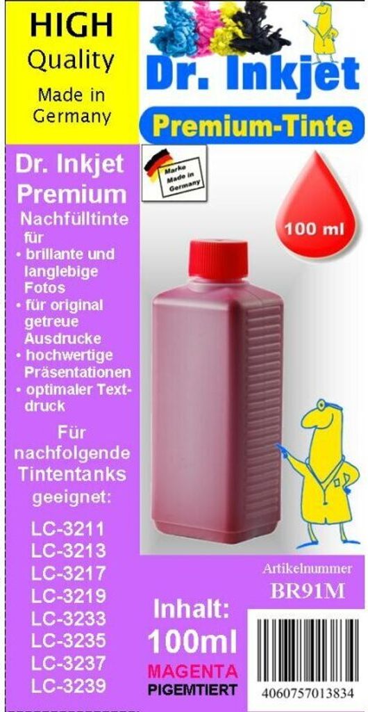BR91M - Magenta - Dr.Inkjet Premium Nachfülltinte kompatibel für Brother, 250 ml - Druckerpatronen für LC-421, LC-422 & LC-3211 bis LC-3239