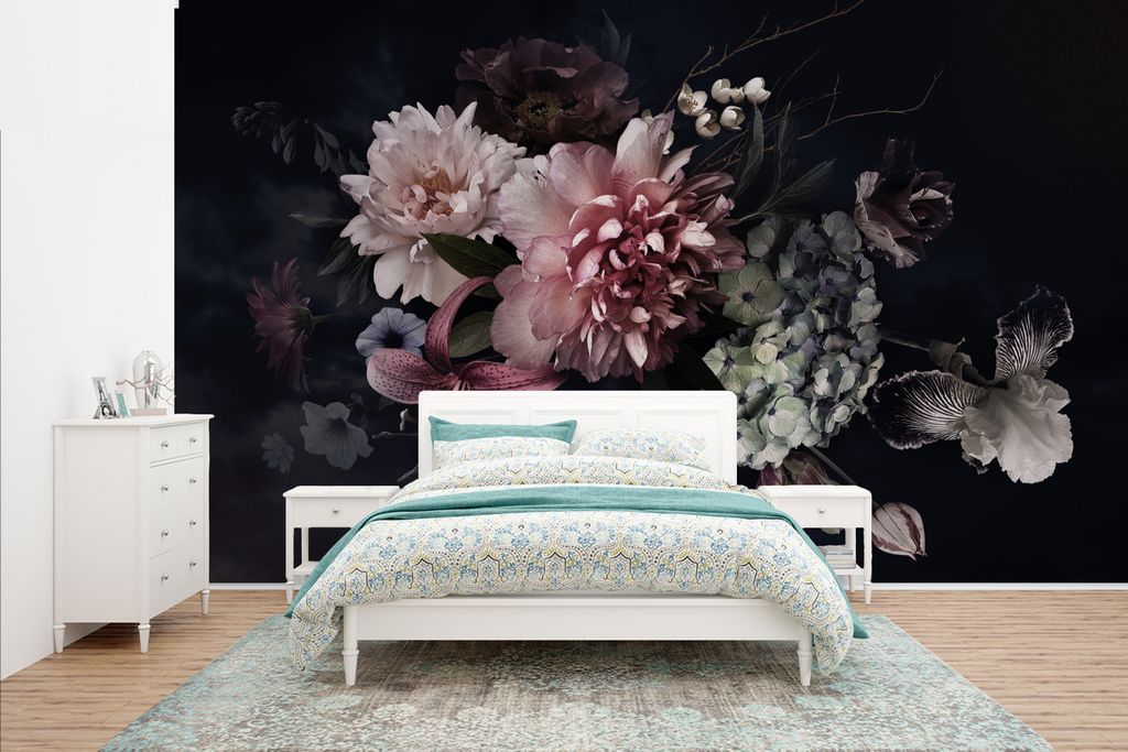 MuchoWow Fototapete für Wohnzimmer oder Schlafzimmer Wandtapete Vinyl Motivtapete Blumen - Vintage - Pastell - Rosa - Weiß - 400x240 cm - Gemus...