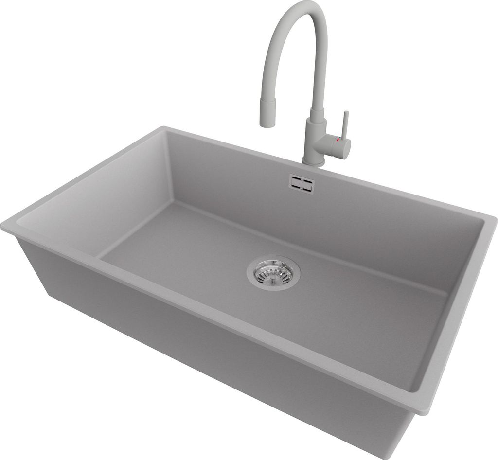 PRIMAGRAN Unterbauspüle Granit Grau 76x47cm, Spülbecken 1 Becken + Küchenarmatur 38x14cm + Ablauf-Set, Granitspüle ab 80er Unterschrank - London