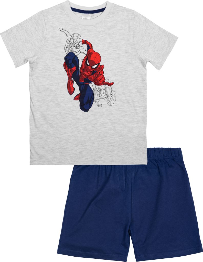 Marvel Spiderman Schlafanzug für Jungen - Kinder Pyjama Set Kurzarm Oberteil mit Hose Grau/Blau 122-128