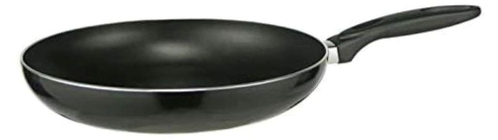 A black frying pan with a silver rim and a black handle is shown against a white background.