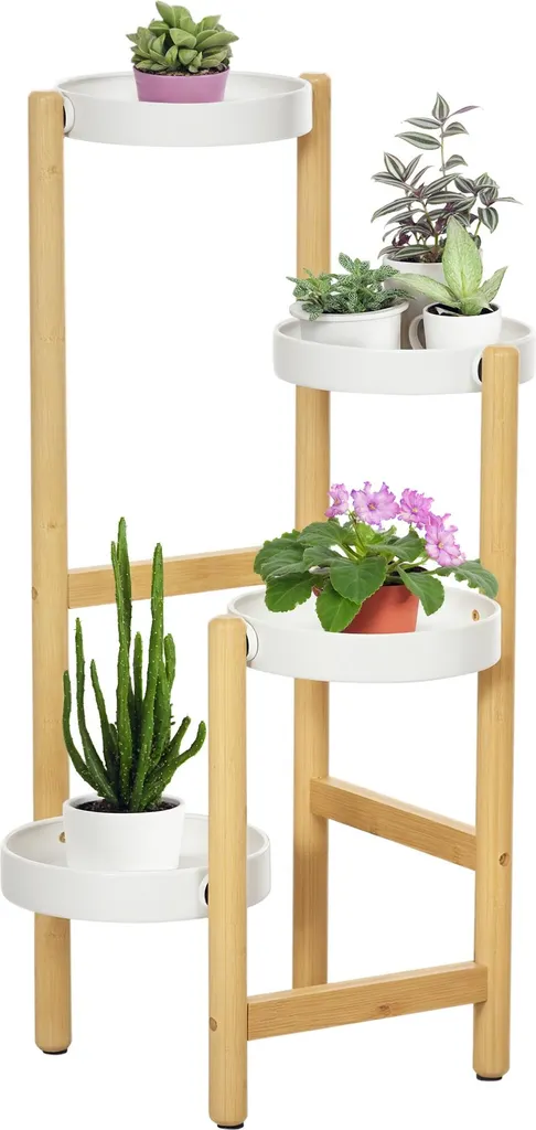 Porte-plante robuste en bambou et métal blanc meuble fleurs 4 niveaux