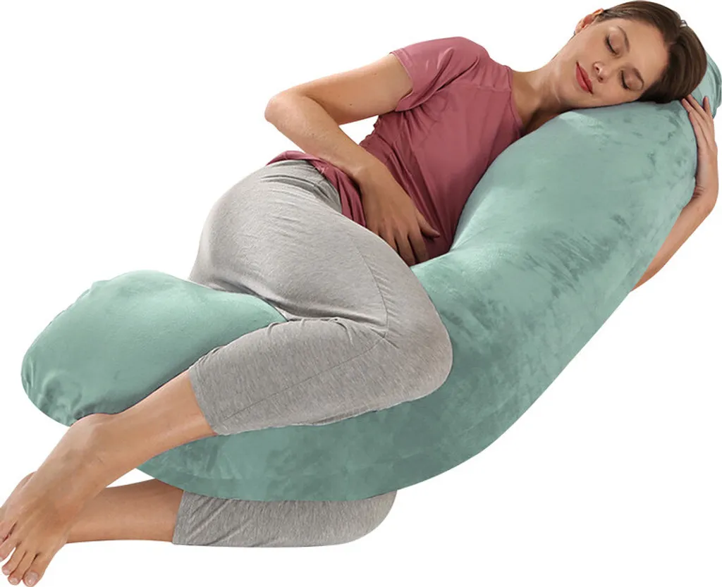 Coussin d'allaitement et de maternité ergonomique vert en forme de J