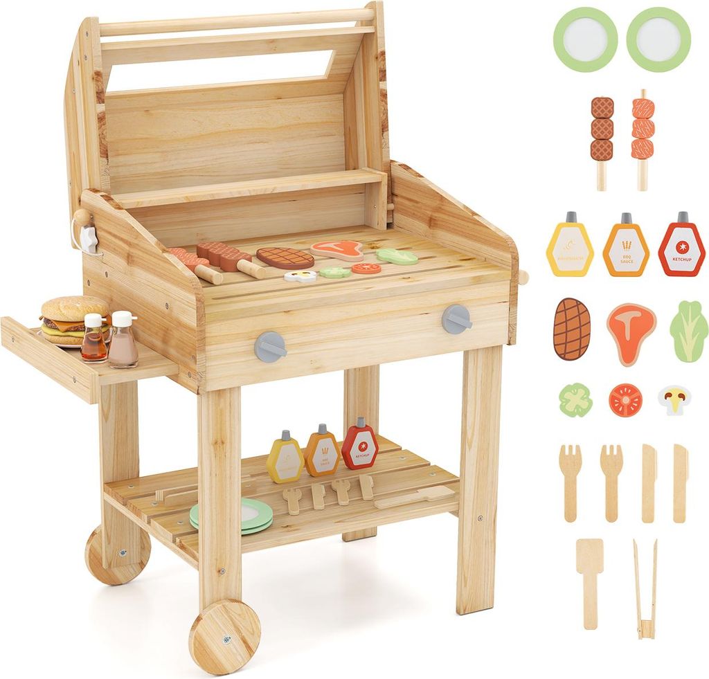 DREAMADE Kinder Gartenküche mit reichlich Zubehör, Grill Spielzeugset mit Grillwerkzeugen & Gewürzflaschen, Küchen-Rollenspielset ab 3 Jahren