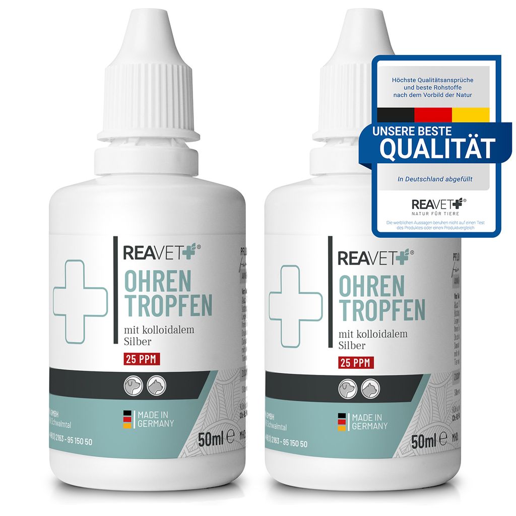 REAVET Ohrentropfen mit kolloidalem Silber 2 x 50ml I Für Hunde und Katzen I bei Ohrentzündungen, Juckreiz, Keime, Pilze und Bakterien, Ohrenpfle...