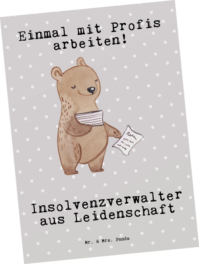 Mr. & Mrs. Panda Postkarte Insolvenzverwalter Leidenschaft - Grau Pastell - Geschenk, Grußkarte, bildkarte, Fotokarte, Postkarten, Ansichtskarte