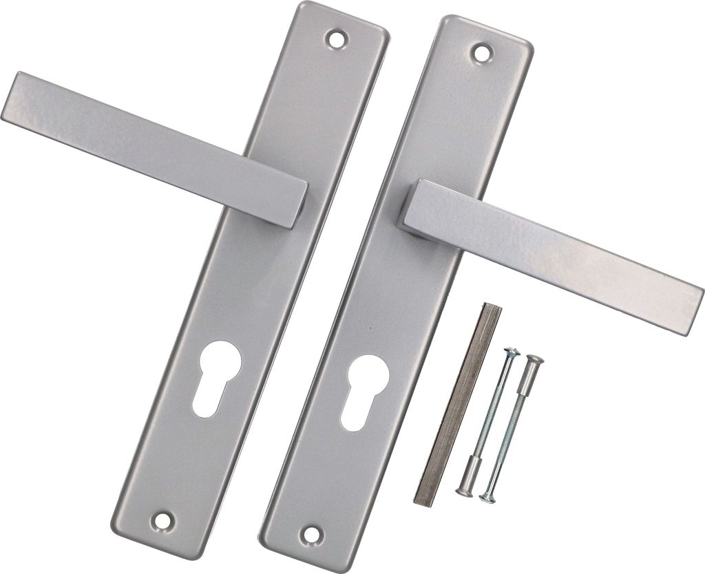 A pair of silver door handles with mounting hardware on a white background.