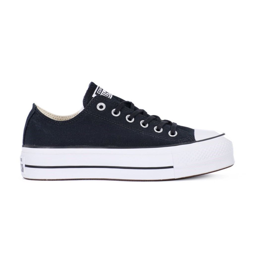 A studio shot of a black Converse Chuck Taylor All Star Lift Ox sneaker against a white background.