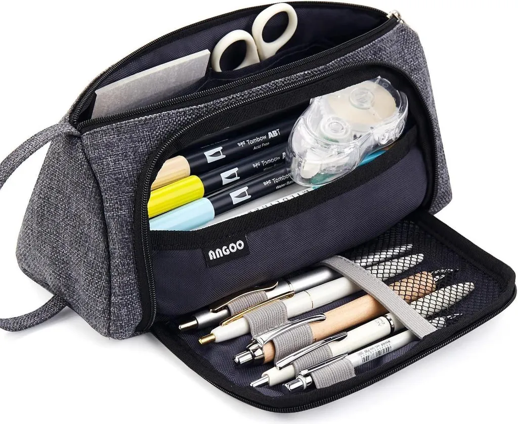 Trousse à Crayons Multi-rangement Gris Foncé avec Fermeture Renforcée