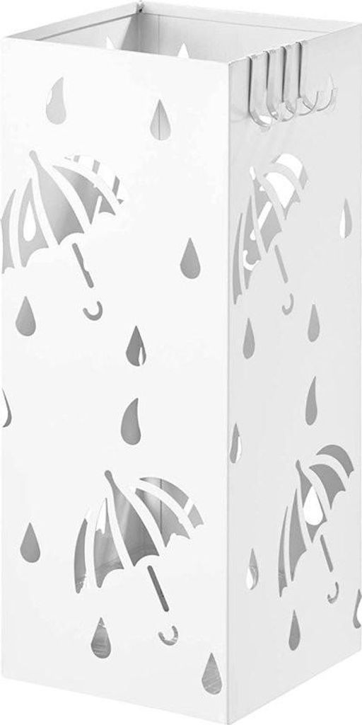 Metall-Schirmständer Jozefa – Runder Schirmständer – Abnehmbare Wasserauffangschale – Mit Haken – Weiß – Metall – 49 x 20 x 20 cm