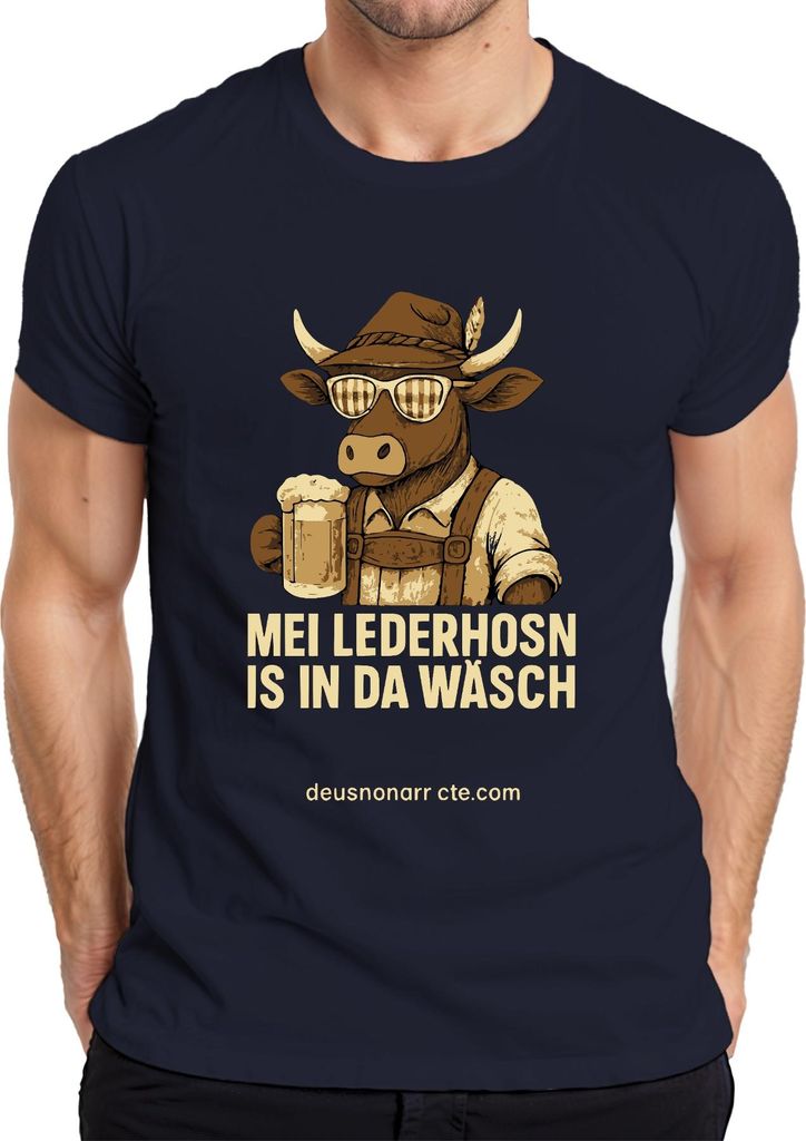 Mei Lederhosn is in da Wäsch mal wieda Bier Kuh Alpen Herren T-Shirt, Navy, M