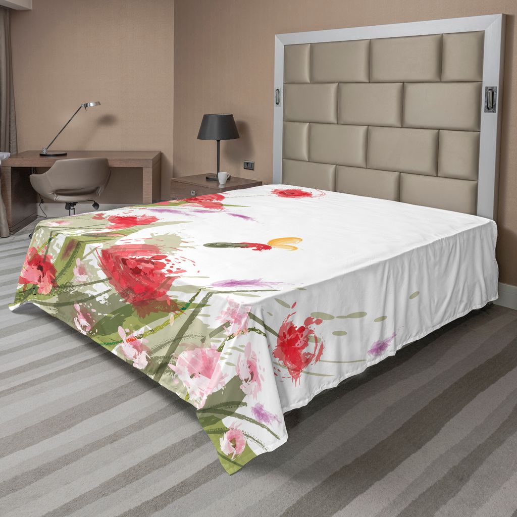 ABAKUHAUS Frühling Bettlaken, Artisitc Burshstrokes Botanical Bild mit Blumen Pflanzen und geflügelte Insekt Bild, weiches bequemes oberes Bettla...