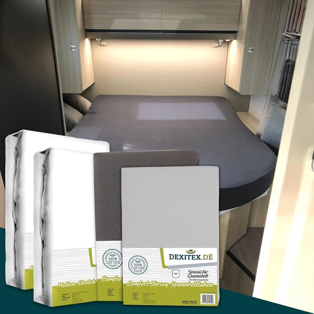 Dexitex Jersey Spannbettlaken 4er Set – 2Molton + 2Spannbettlaken für Queensbett 135–160x210cm – Wohnmobil & Wohnwagen – Dunkelgrau/Grau 1...