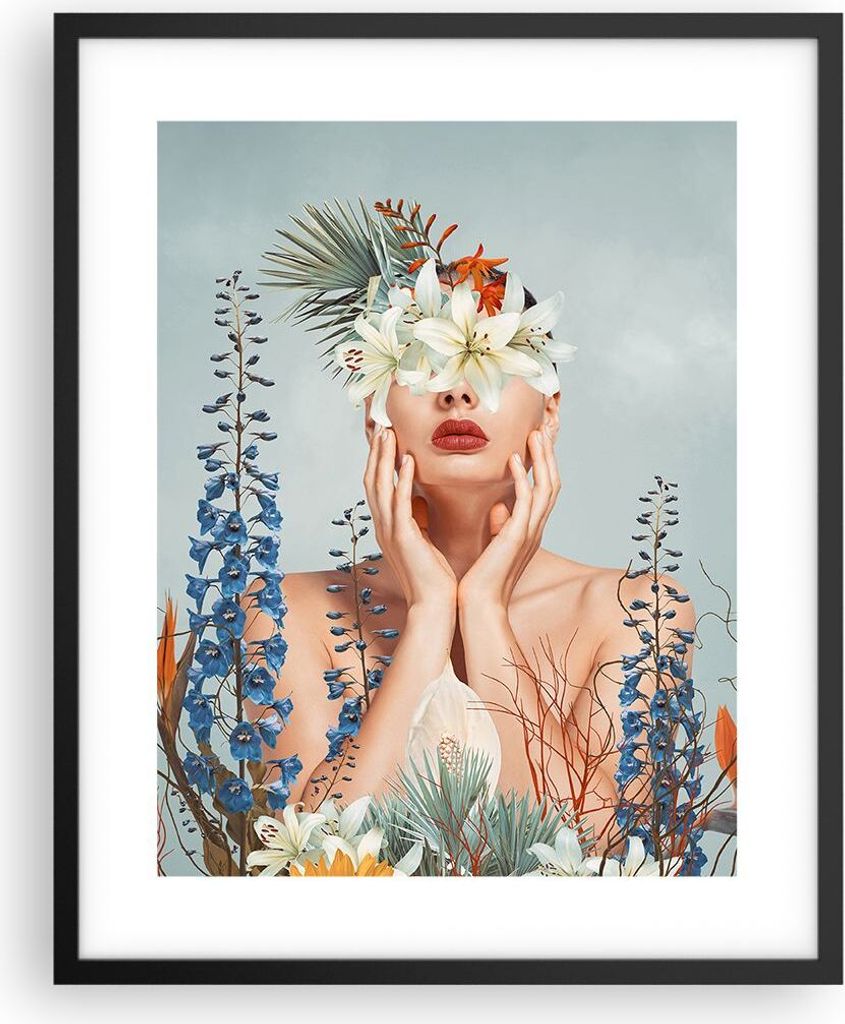 Gerahmtes Poster - Schwarzer Rahmen - Surreal Frau Blumen - 40x50 cm - Wand Bild - Wanddeko - Wandbilder - Kunstposter - Wandposter - Bilderrahmen ...